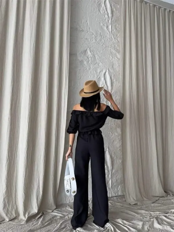 LINEN MADONNA COLLAR SLEEVE STRAW STRIPE - PANTS SUIT - Black - 2