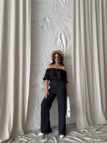 LINEN MADONNA COLLAR SLEEVE STRAW STRIPE - PANTS SUIT - Black - 3