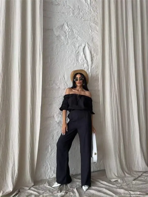 LINEN MADONNA COLLAR SLEEVE STRAW STRIPE - PANTS SUIT - Black - 3