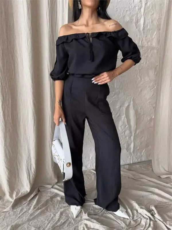 LINEN MADONNA COLLAR SLEEVE STRAW STRIPE - PANTS SUIT - Black - 4