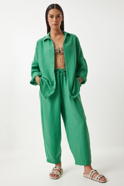 Linen Shirt and Palazzo Pants Set GREEN - 7