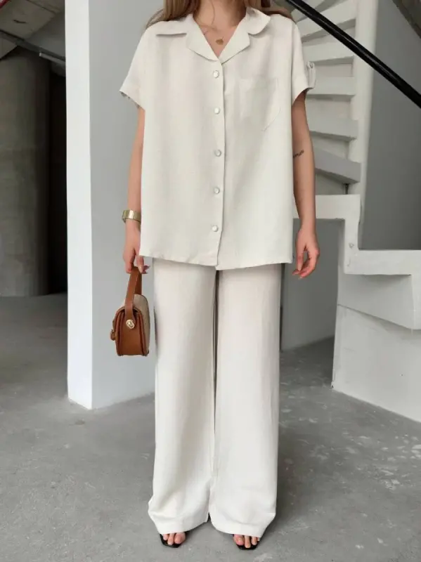 Linen Short Sleeve Pocketed Shirt and Pants Set - White - 1