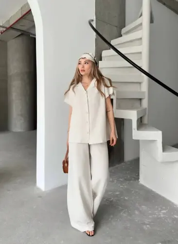 Linen Short Sleeve Pocketed Shirt and Pants Set - White - 2