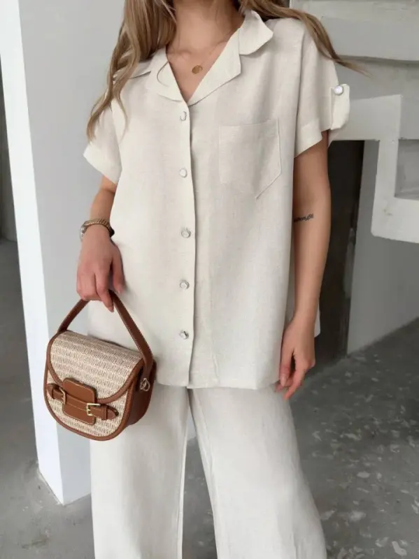Linen Short Sleeve Pocketed Shirt and Pants Set - White - 3