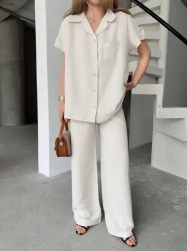 Linen Short Sleeve Pocketed Shirt and Pants Set - White - 4