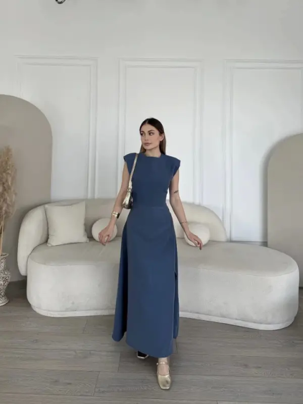 Linen Side Slit Long Sleeveless Dress - Blue - 1