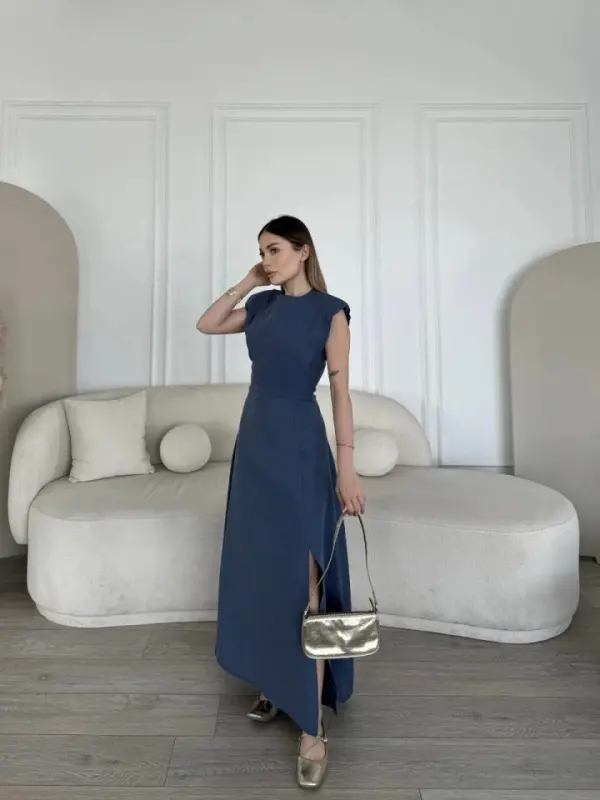 Linen Side Slit Long Sleeveless Dress - Blue - 2