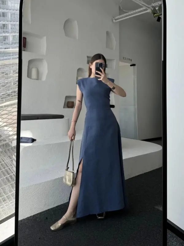 Linen Side Slit Long Sleeveless Dress - Blue - 3