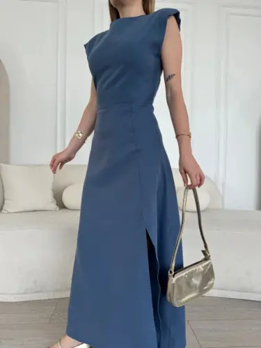 Linen Side Slit Long Sleeveless Dress - Blue - 4
