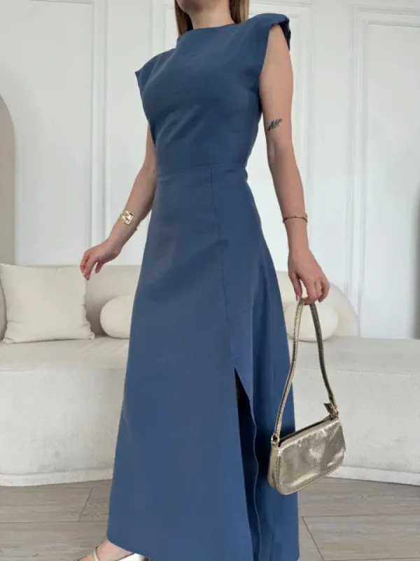 Linen Side Slit Long Sleeveless Dress - Blue - 4