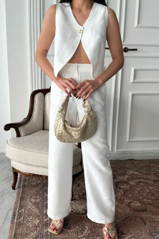 LINEN SINGLE BUTTON VEST AND PANTS SET - White - 2