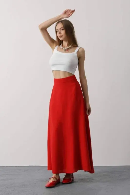 Linen Skirt - Red - 1