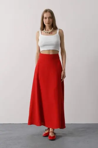 Linen Skirt - Red - BÜYÜKBEDENIZ (1)