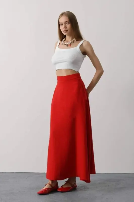Linen Skirt - Red - 3