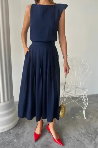 LINEN SLEEVELESS BLOUSE - MAXI SKIRT SET - Navy Blue - BÜYÜKBEDENIZ (1)