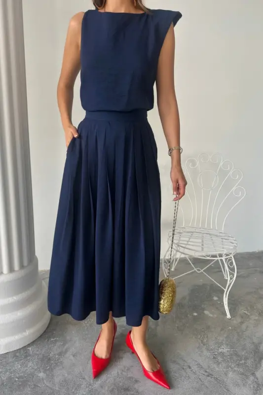 LINEN SLEEVELESS BLOUSE - MAXI SKIRT SET - Navy Blue - 2