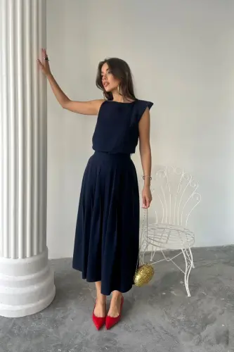 LINEN SLEEVELESS BLOUSE - MAXI SKIRT SET - Navy Blue - 3