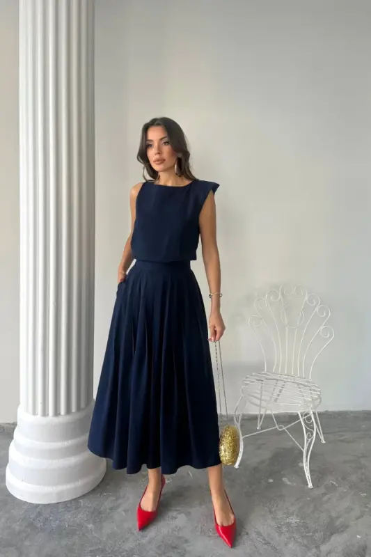 LINEN SLEEVELESS BLOUSE - MAXI SKIRT SET - Navy Blue - 4