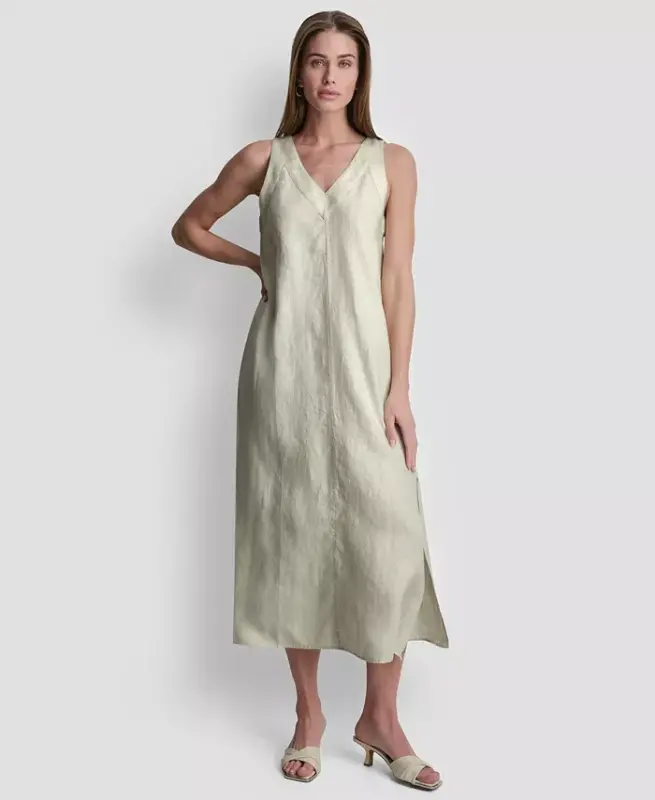 Linen V-Neck Maxi 100% Linen Dress - Natural - DKNY