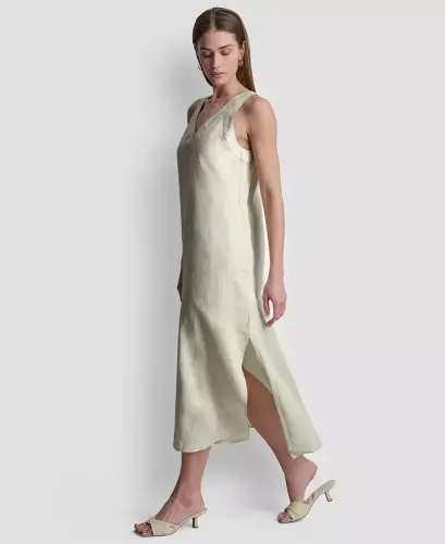 Linen V-Neck Maxi 100% Linen Dress - Natural - 5