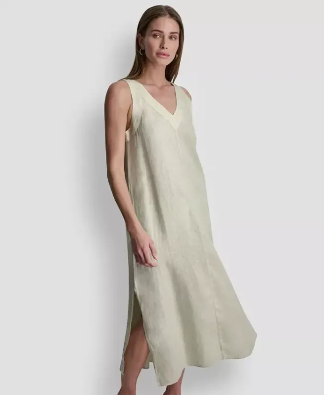 Linen V-Neck Maxi Dress - Natural - 2