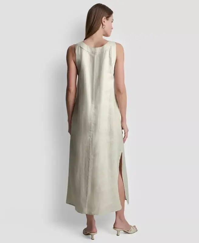 Linen V-Neck Maxi Dress - Natural - 4