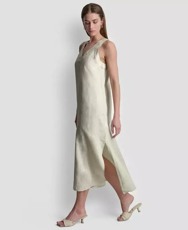 Linen V-Neck Maxi Dress - Natural - 5