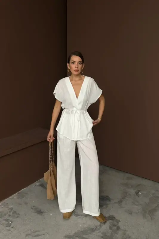 LINEN V-NECK TIE WAIST BLOUSE-PANTS SET - White - 2