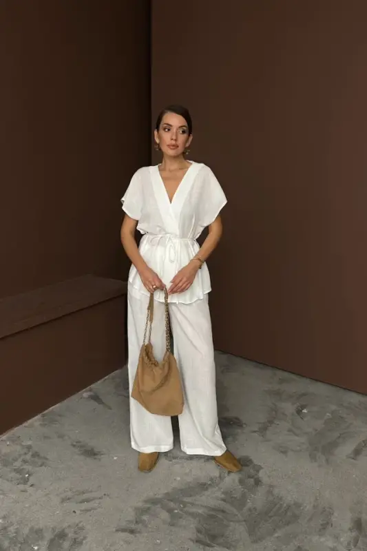 LINEN V-NECK TIE WAIST BLOUSE-PANTS SET - White - 4