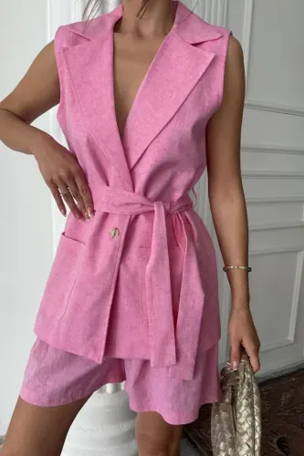 LINEN VEST - SHORTS SET - Pink - 3