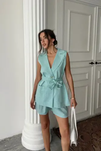 LINEN VEST - SHORTS SUIT - Mint - 1