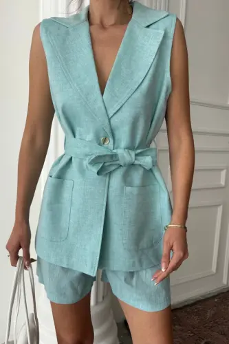 LINEN VEST - SHORTS SUIT - Mint - BÜYÜKBEDENIZ (1)