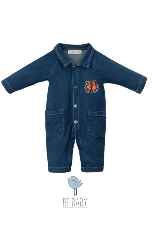 Lion Figure Boy Baby Denim Jumpsuit Dark Blue - 1