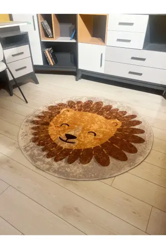 Lion Figured Round Washable Children's Baby Carpet - Beige Coffee-Beige Round - BRILLANT (1)