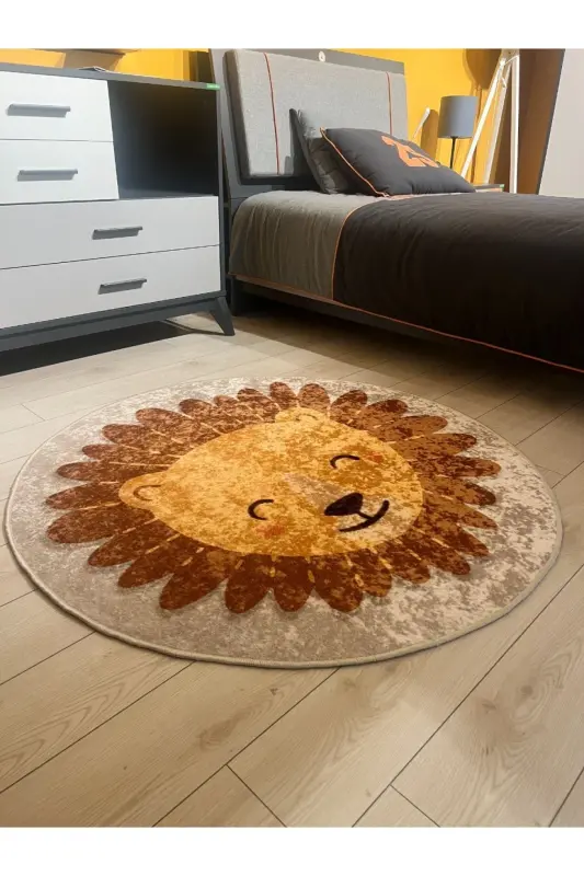Lion Figured Round Washable Children's Baby Carpet - Beige Coffee-Beige Round - 3