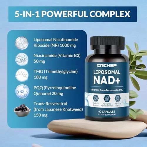 Liposomal NAD qo'shimchasi - 1000mg, ayollar va erkaklar uchun NAD Resveratrol qo'shimchasi Nikotinamid Ribosid, Resveratrol, PQQ & TMG bilan, NAD Plus NAD+ darajasini oshiradi, qarishga qarshi va miya uchun, 60 kapsula - CNCHEF (1)