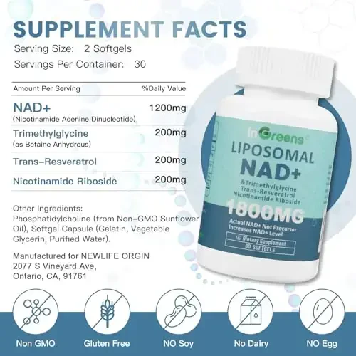 Liposomal NAD+ qo'shimchasi 1800 mg Nikotinamid ribosid, Trans Resveratrol, Trimetilglitsin bilan, NMNni almashtiradi, NAD+ni kuchaytiradi, Qarishdan himoya, Hujayra energiyasi, 60 yumshoq kapsula - 2