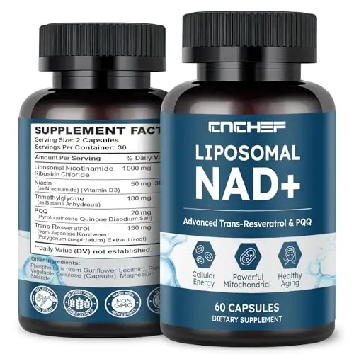 CNCHEF Liposomal NAD Supplement -1000mg, NAD Resveratrol Supplement for Women & Men with Nicotinamide Riboside, Resveratrol, PQQ & TMG, NAD Plus Boosts NAD+ Levels, Anti-Aging & Brain, 60 Capsules - 1