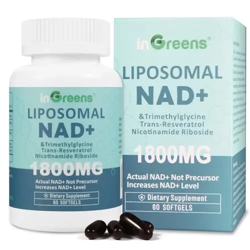 inGreens Liposomal NAD+ Supplement 1800 mg with Nicotinamide Riboside, Trans-Resveratrol & Trimethylglycine – NAD+ Nutrient Support Formula, High-Potency Liposomal Softgels, 120 Count - INGREENS