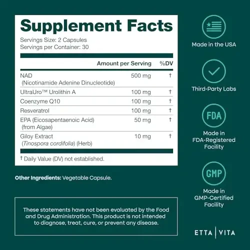 Liposomal NAD+ Supplement with Resveratrol, Urolithin A, CoQ10 & Giloy (Made & Tested in USA) NAD Supplement for Cellular Energy, Focus, Mitochondria Health, Digestion, Detox, NR NMN Replacement - 6