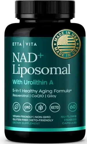 Liposomal NAD+ Supplement with Resveratrol, Urolithin A & CoQ10, 60 Capsule | NAD supplement, NMN alternative for energy, brain fog, healthy aging, digestion, detox, gut health, vegan, non-GMO, USA - 1
