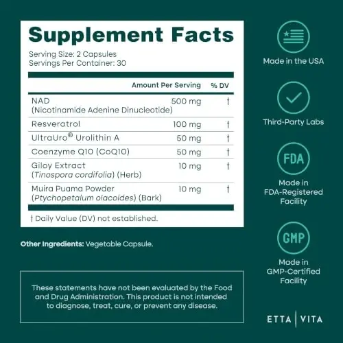 Liposomal NAD+ Supplement with Resveratrol, Urolithin A & CoQ10, 60 Capsule | NAD supplement, NMN alternative for energy, brain fog, healthy aging, digestion, detox, gut health, vegan, non-GMO, USA - ETTA VITA (1)