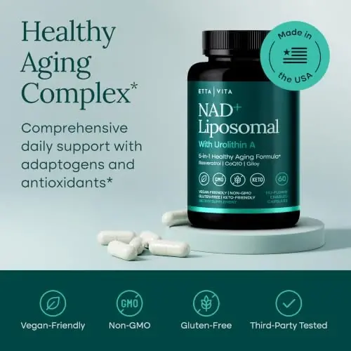 Liposomal NAD+ Supplement with Resveratrol, Urolithin A & CoQ10, 60 Capsule | NAD supplement, NMN alternative for energy, brain fog, healthy aging, digestion, detox, gut health, vegan, non-GMO, USA - 3