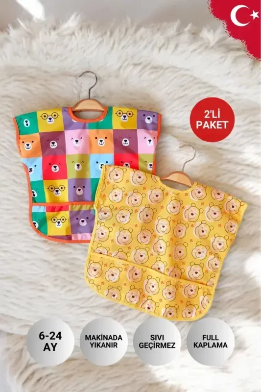Liquid Proof Sleeveless 6-24 Months 2 Pack Activity & Feeding Bib (COLOUR-BEAR) - ANP MODA TASARIM