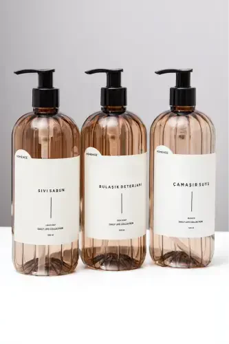 Liquid Soap, Dishwashing Detergent, Bleach. Labeled Pump Plastic Bottle, 3 pack, Light Brown, 500ml - 1