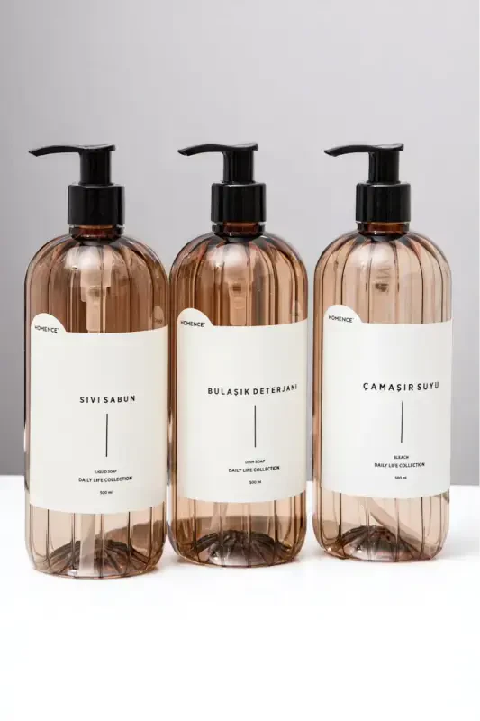 Liquid Soap, Dishwashing Detergent, Bleach. Labeled Pump Plastic Bottle, 3 pack, Light Brown, 500ml - 1