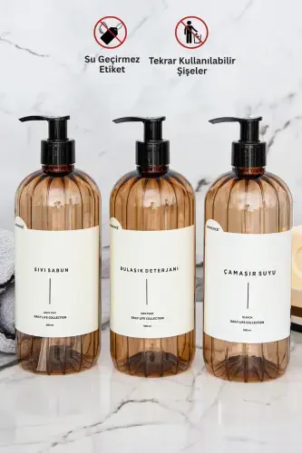 Liquid Soap, Dishwashing Detergent, Bleach. Labeled Pump Plastic Bottle, 3 pack, Light Brown, 500ml - HOMENCE (1)