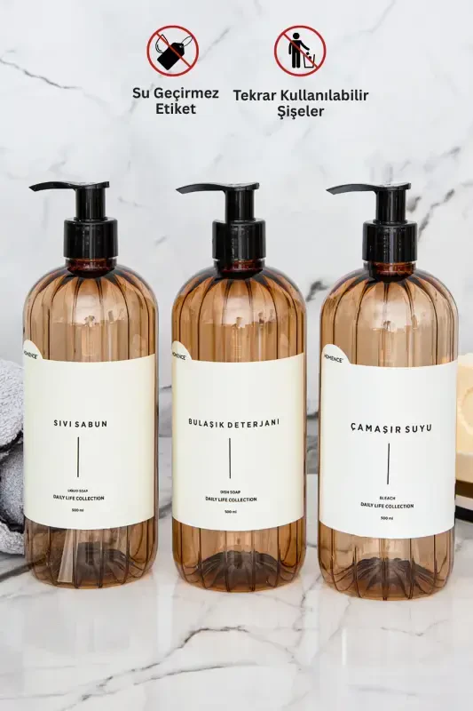 Liquid Soap, Dishwashing Detergent, Bleach. Labeled Pump Plastic Bottle, 3 pack, Light Brown, 500ml - 2