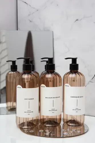 Liquid Soap, Dishwashing Detergent, Bleach. Labeled Pump Plastic Bottle, 3 pack, Light Brown, 500ml - 3