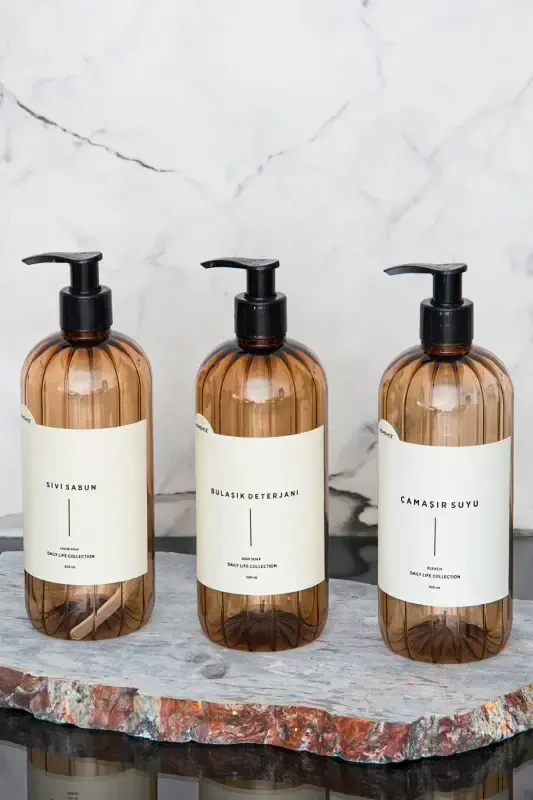 Liquid Soap, Dishwashing Detergent, Bleach. Labeled Pump Plastic Bottle, 3 pack, Light Brown, 500ml - 4